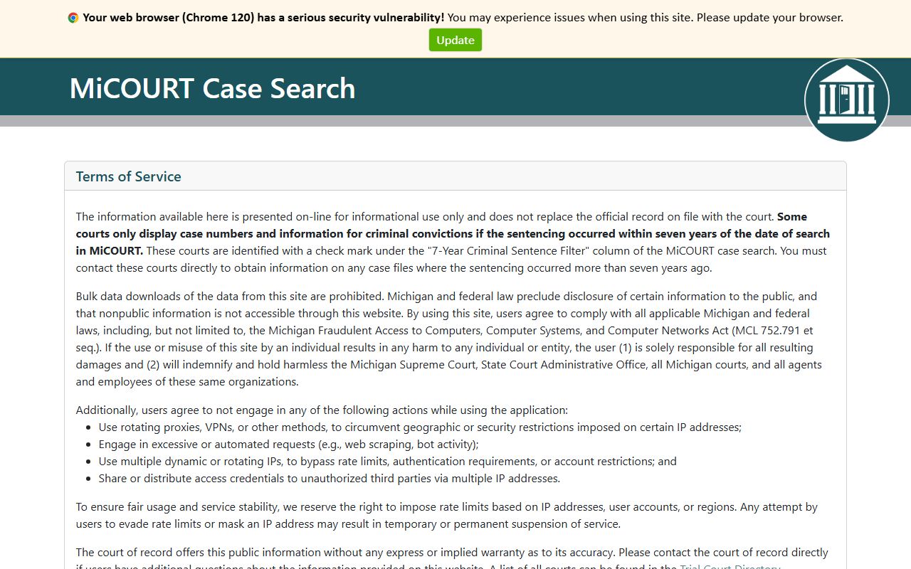 Michigan MiCOURT case search for Tuscola County court records after arrest
