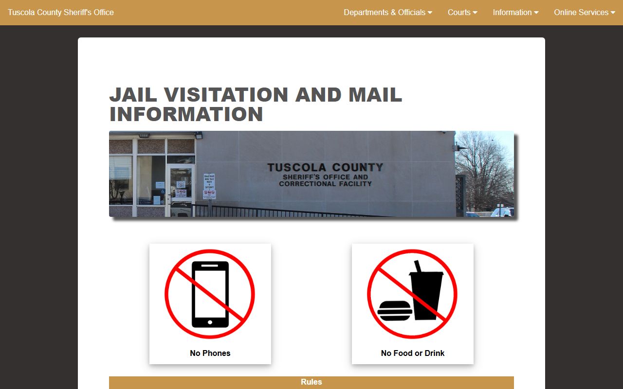 Tuscola County Jail visitation and mail rules for inmate visits