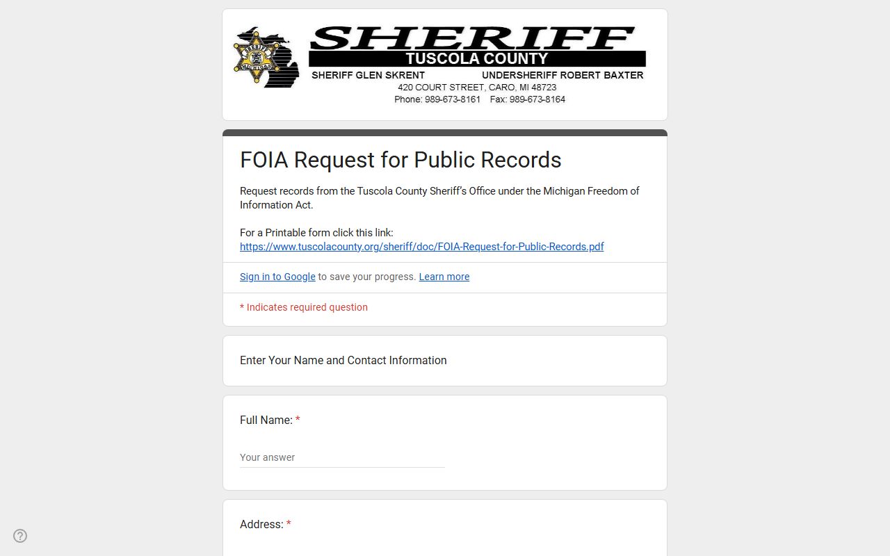Tuscola County inmate records FOIA request form
