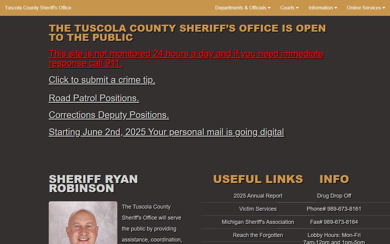 Tuscola County Jail sheriff office page for inmate lookup